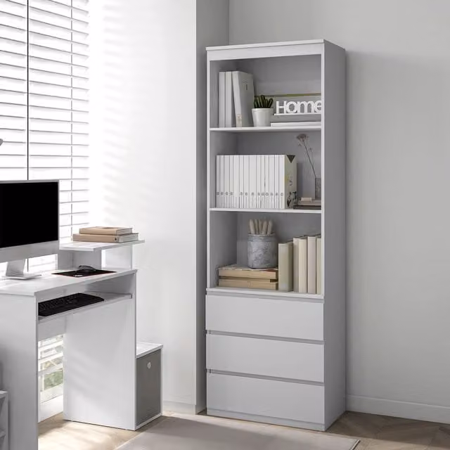 HOMCOM Modern Tall White Bookcase with Shelves and Drawers for your Living Room