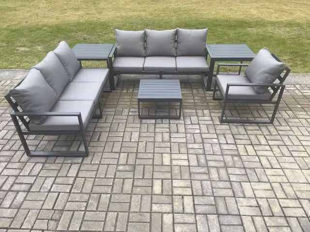 Fimous 7 Seater Aluminium Outdoor Garden Furniture Lounge Sofa Set with Coffee Table and 2 Side Tables in Dark Grey
