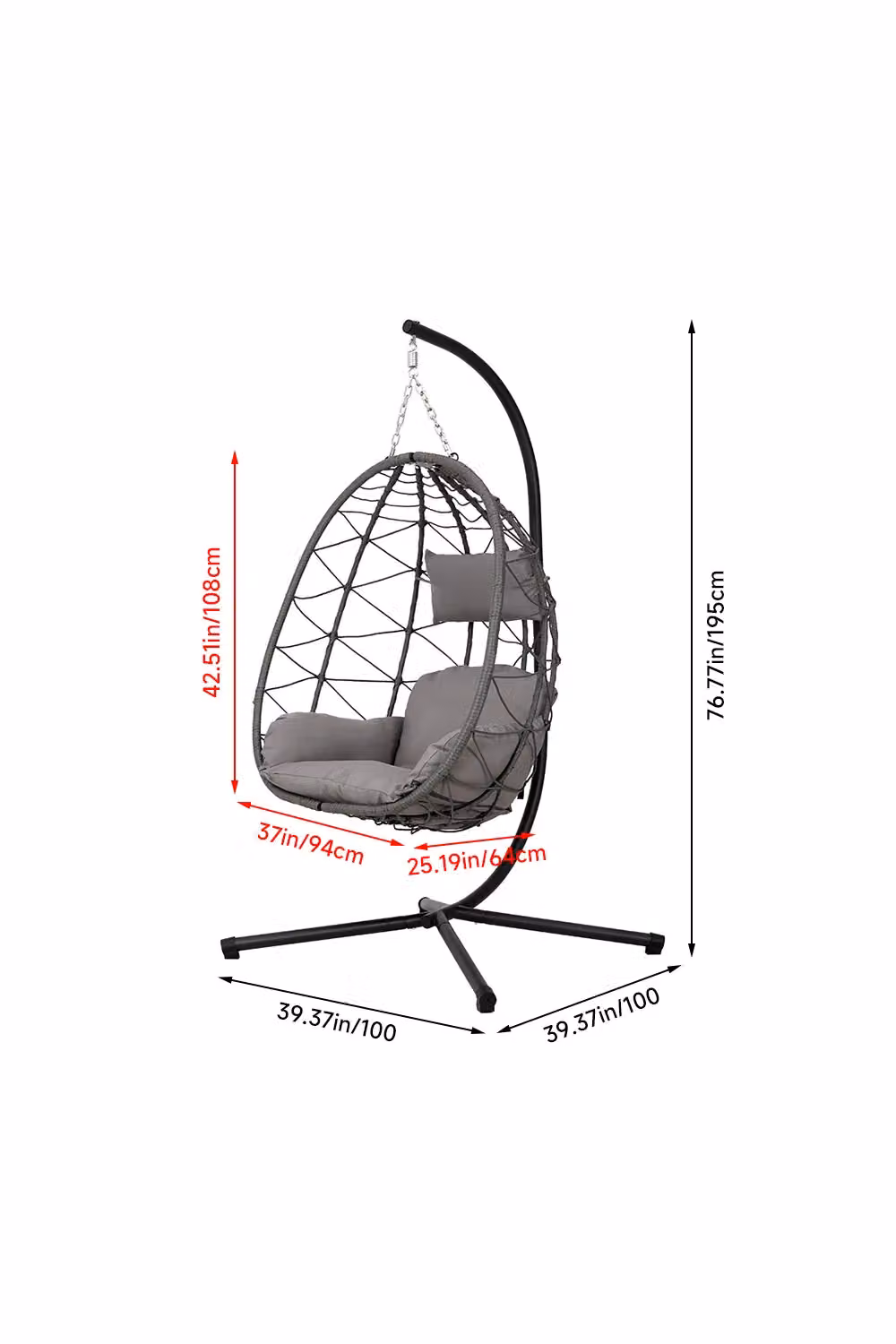 Living and Home Grey Polyrattan Egg Hanging Chair with Stand and Fabric Cushion for Indoor and Outdoor Use – 2