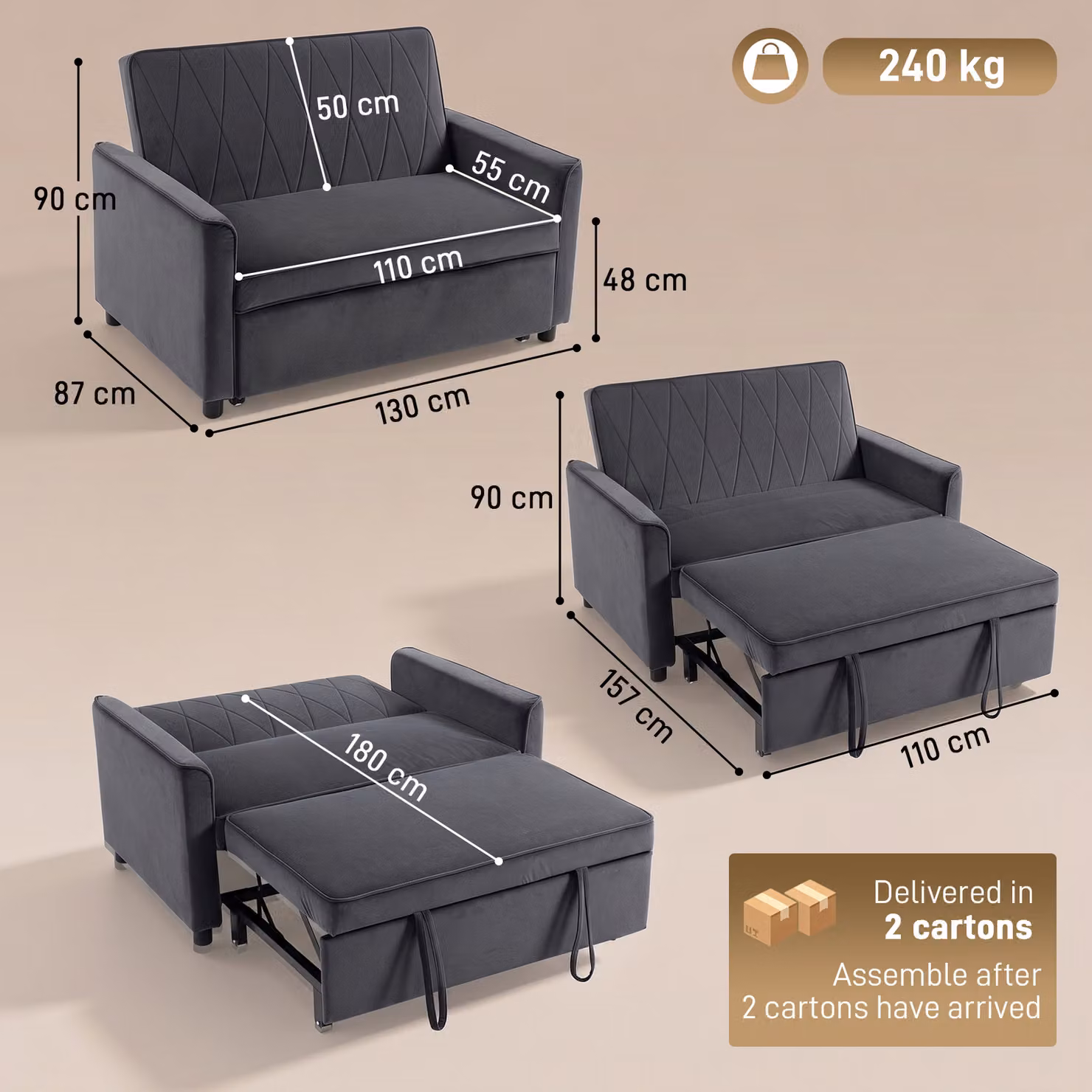 HOMCOM 2 Seater Convertible Sofa Bed with Click-Clack Adjustable Backrest, Grey Velvet Upholstery – 3