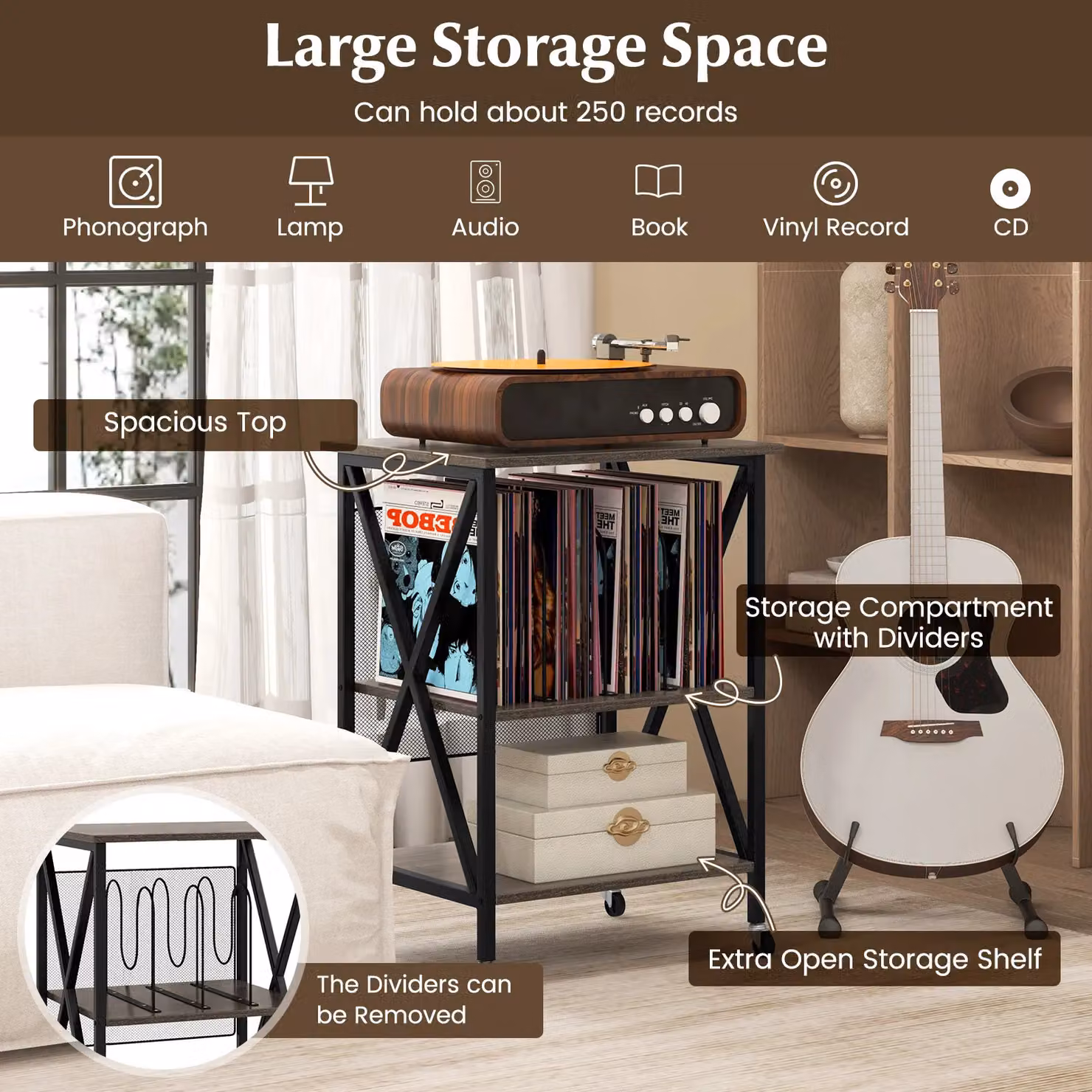 Costway Grey Record Player and Turntable Stand with Divider and Lockable Castors – 4