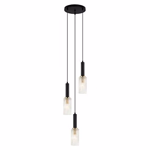 Netlighting Modern Suspended Pendant Light in Black and Gold with 3 E14 Glass Cylinders