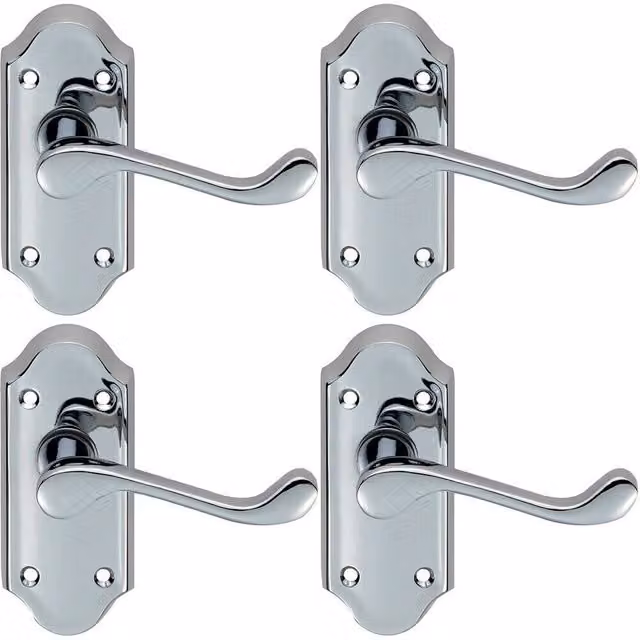 Loops 4 Pairs of Victorian Scroll Lever Door Handles on Short Latch Backplate, Chrome, W: 11.2 cm, H: 4.8 cm