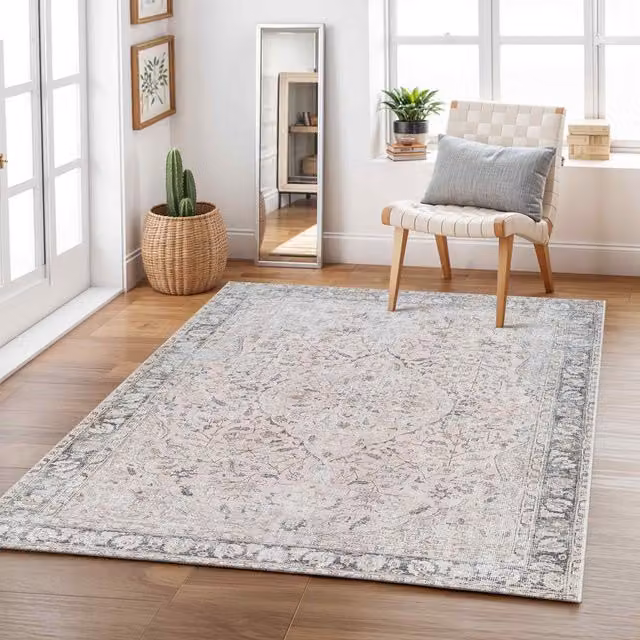 Livabliss Amelie Washable Grey and Pink Vintage Boho Living and Dining Room Rug, W: 160 cm, L: 220 cm