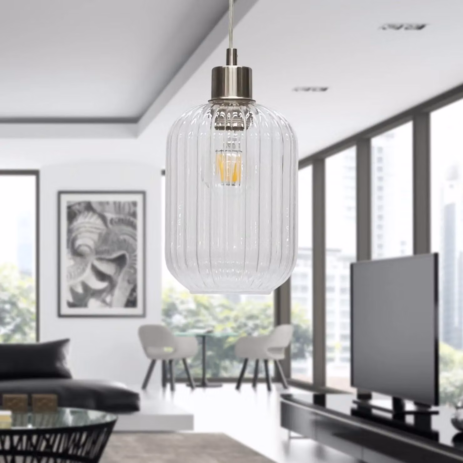 First Choice Lighting Batley Pendant Light with Transparent Ribbed Glass and Silver Metal Fitting – 3