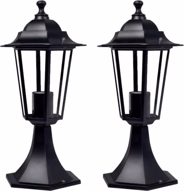 First Choice Lighting Cumbria Set of 2 Black Six Sided IP44 Outdoor Pedestal Lights, Height: 41 cm