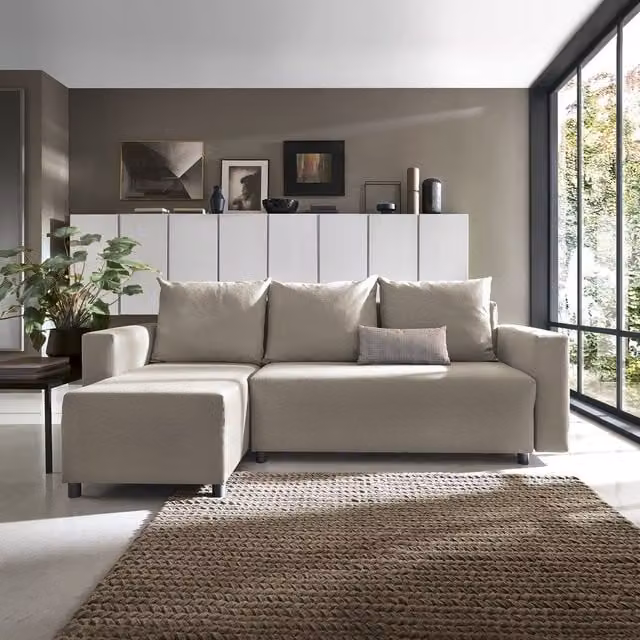 Abakus Direct Oslo Reversible L-Shape Corner Sofa Bed in Sand and Khaki Fabric with Sleeping Function and Lift-Up Seat – 1