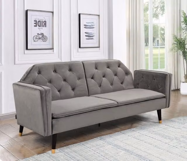 Comfy Living Ltd Grey Plush Velvet Tufted Click Clack Sofa Bed with Black and Gold Metal Legs – 1