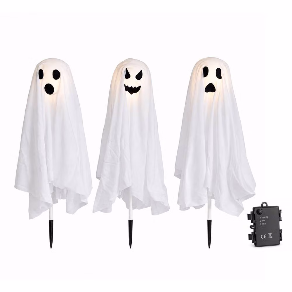 Samuel Alexander Set of 3 White Battery Powered LED Light Up Ghost Halloween Path Lights, Height: 51 cm – 5