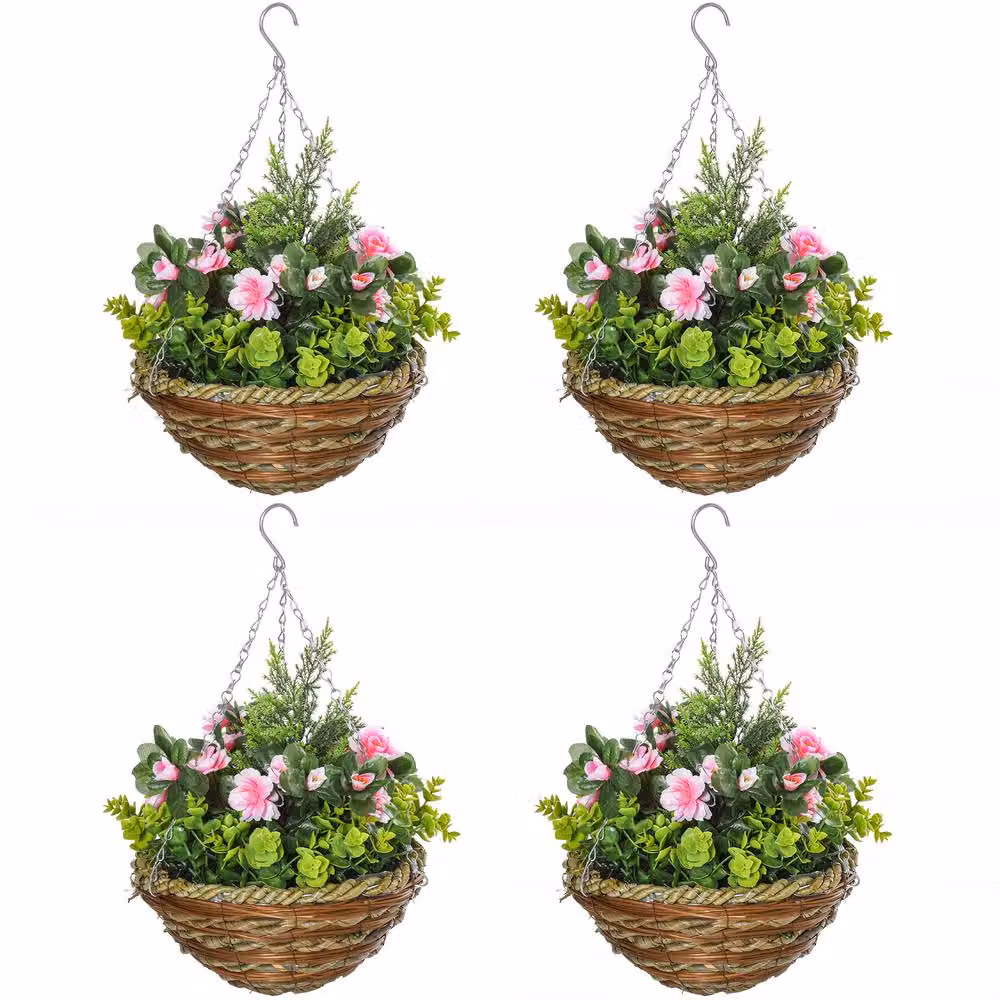 Outsunny Pack of 4 Artificial Lisianthus Hanging Planter Baskets in Pink – 2