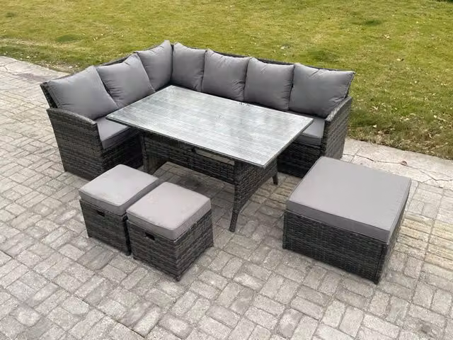 Fimous 9 Seater Outdoor Rattan Garden Furniture Set with Rectangular Dining Table and 3 Footstools in Dark Grey