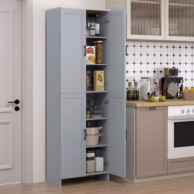 HOMCOM Modern Grey Kitchen Cupboard Storage Cabinet with 6 Shelves and Hinged Doors, H 170.5 x W 60.0 cm