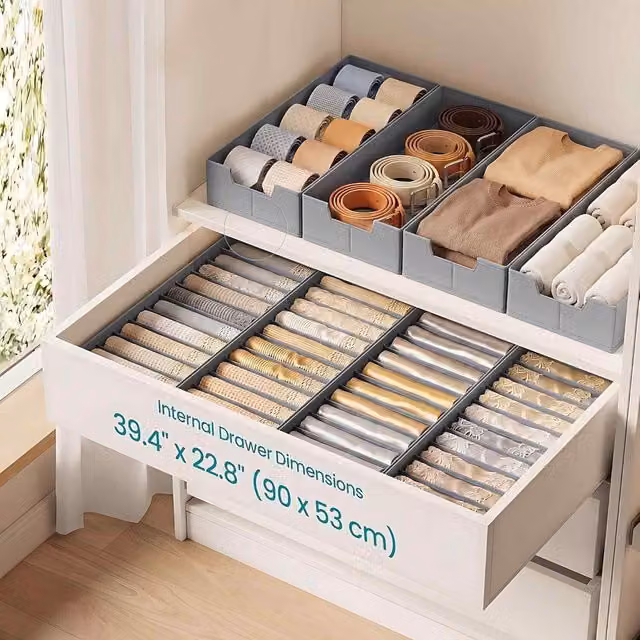 The Bazaarist Set of 4 Foldable Plastic Drawer Organisers with Dividers, Grey