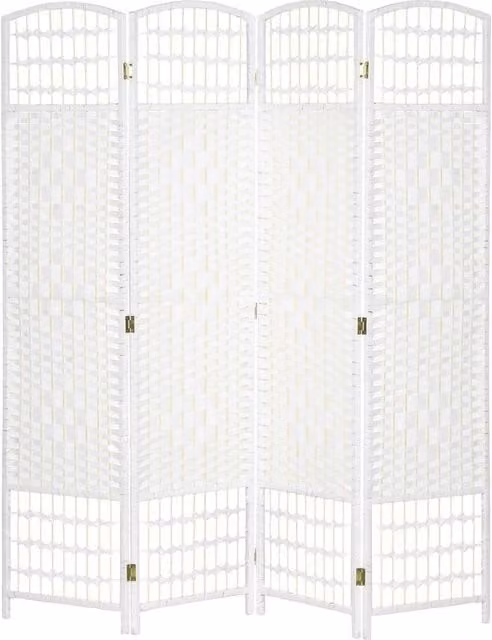 NESTLUNE 4 Panel Folding Room Divider Privacy Screen in White Rattan Style