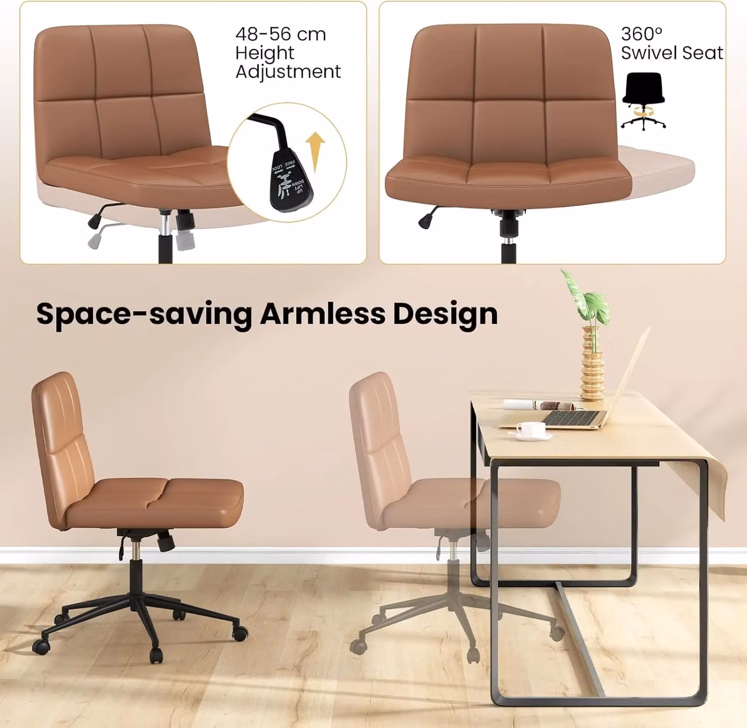 Gymax Brown Upholstered Synthetic Leather Oversized Task Chair with Swivel Castors for Home Office – 4