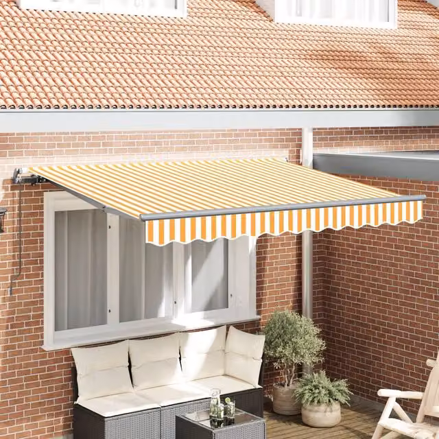 Berkfield Home Manual Retractable Folding Arm Awning in Yellow, White and Anthracite, W/D/H: 300 x 195 x 200 cm