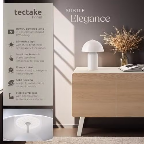 tectake Mushroom Table Lamp in White Coated Steel, Rechargeable Cordless Portable Touch Light with 3-Step Dimming Function – 2