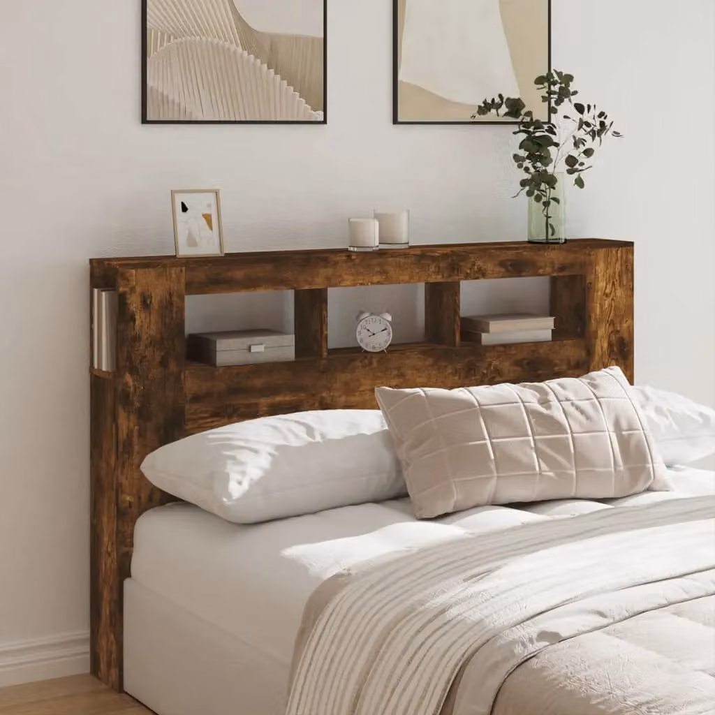 Berkfield Home Smoked Oak LED Headboard in Brown with Integrated Lighting, Shelf and USB Charging Port, W/D/H: 160 x 18.5 x 103.5 cm – 3