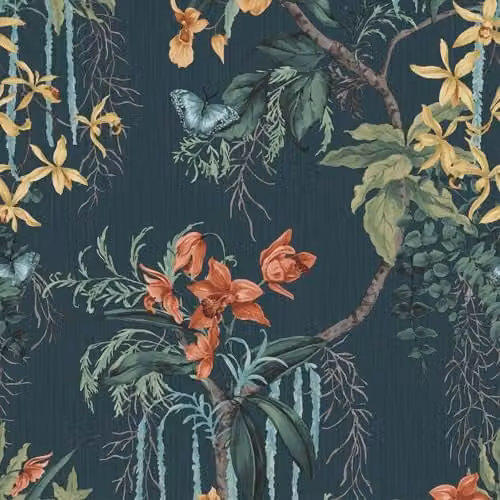 Belgravia Suki Floral Tropical Lush Textured Wallpaper with Butterflies in Green and Blue