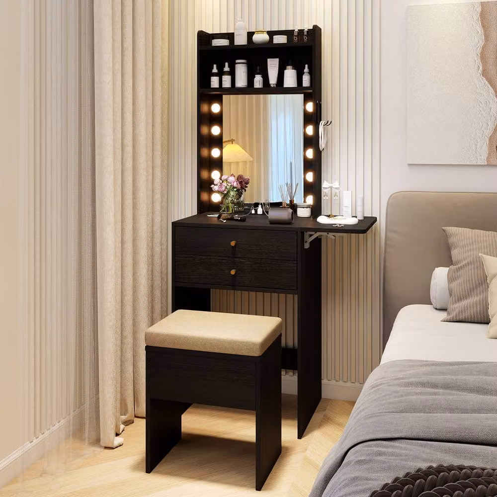 Gymax Small Makeup Vanity Desk and Dressing Table Set with Hollywood LED Lights and Storage Stool in Black – 2