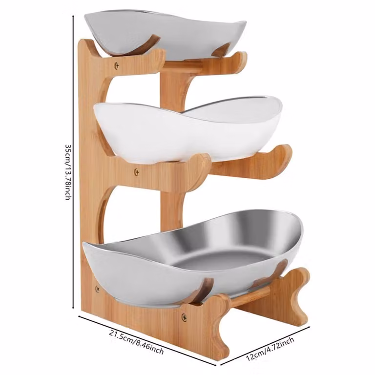 FORGEVIO 3 Tier Silver Fruit Bowl Stand with Ceramic and Stainless Steel Bowls