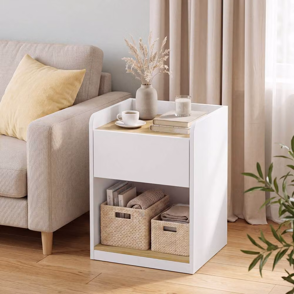 HOMCOM Modern Bedside Table with Drawer and Shelf in White and Oak – 2