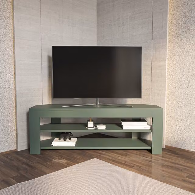 Decorotika Rita Corner TV Unit in Green Wood with Cable Management