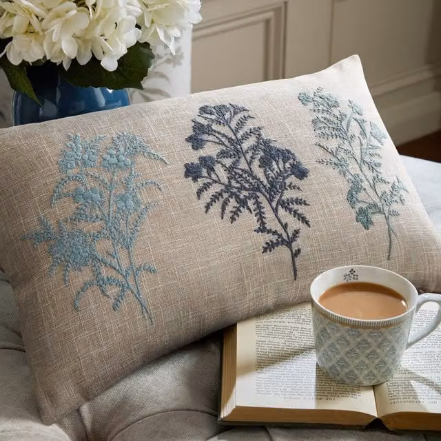 Laura Ashley Tenby Filled Boudoir Cushion in Seaspray Blue and Beige Floral Linen, W: 50 cm, H: 30 cm, D: 30 cm