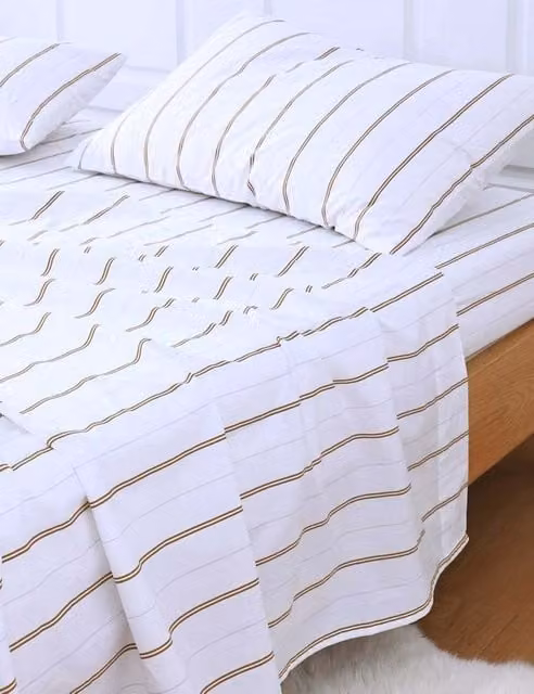 MM Linen White Striped Pure Cotton 200 Thread Count Percale Fitted Sheet W/D/H: 140 x 200 cm