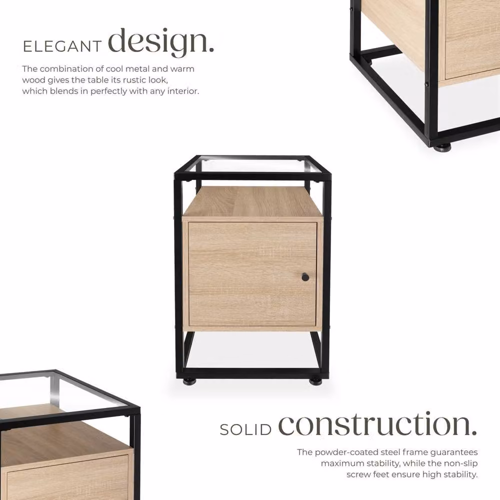 tectake Dudley Nightstand with 3 Shelves and Magnetic Door in Light Oak – 3