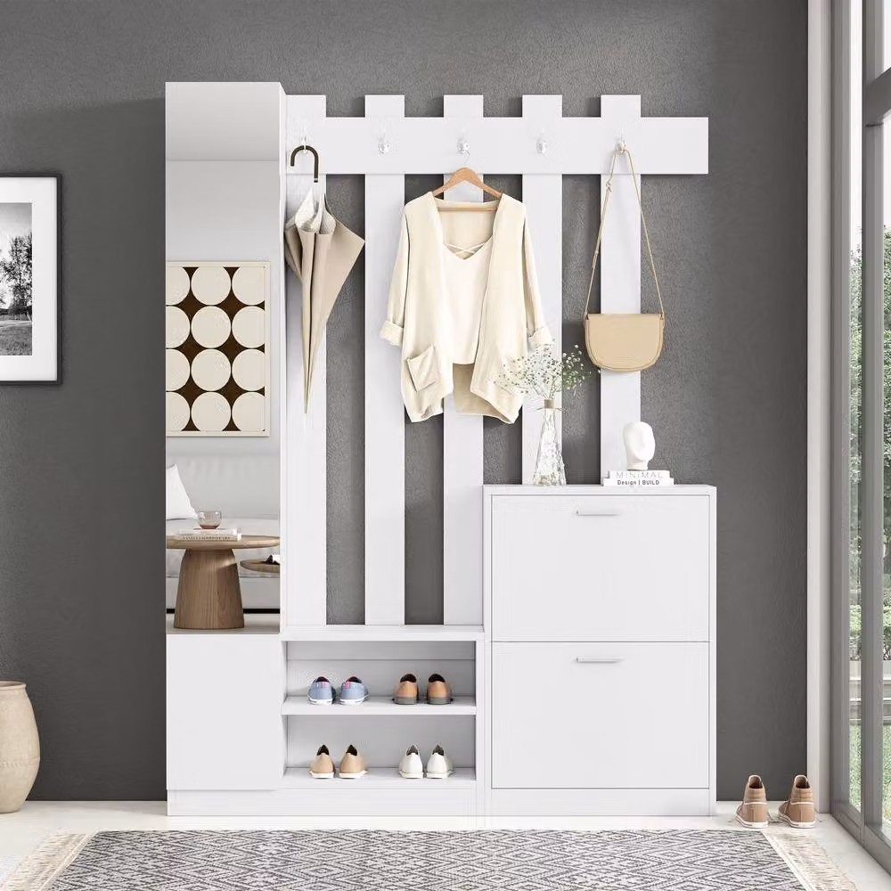 BTM 5-in-1 Modern Hall Tree with Shoe Bench, Mirror and Hooks, White, H 180 x W 135 x D 45 cm – 3