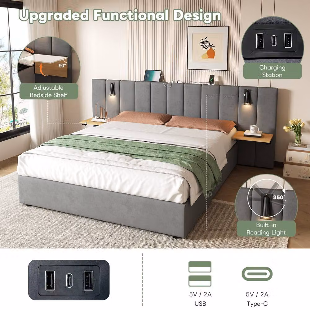 Matteo King Upholstered Velvet Bed in Grey with USB Charging Port, Integrated Reading Light and Hydraulic Storage W/D/H: 180 x 200 cm – 2