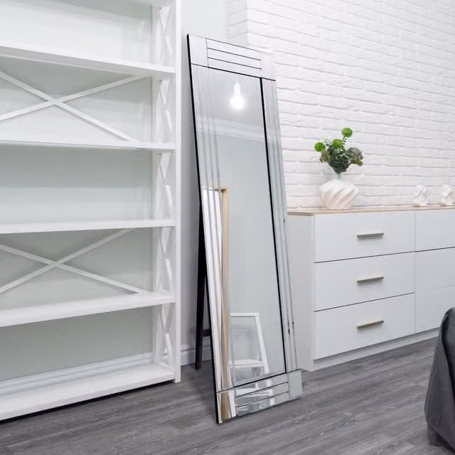 MirrorOutlet All Glass Bevelled Square Corner Cheval Mirror in Silver, H 150 cm x W 40 cm x D 40 cm