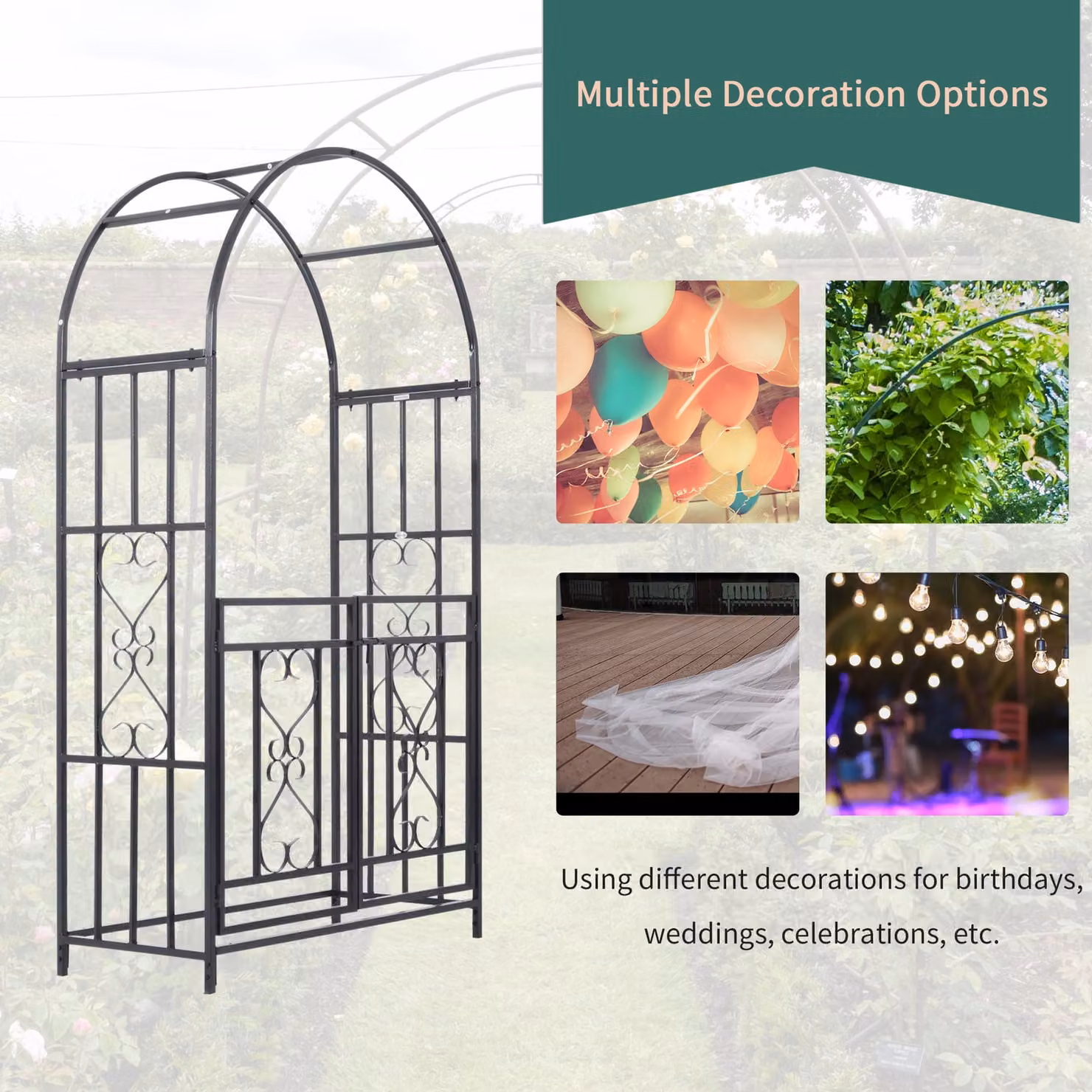 Outsunny Metal Garden Arch with Double Gates for Climbing Plants and Roses, Dark Grey, W: 114 cm, D: 50 cm, H: 206 cm – 6