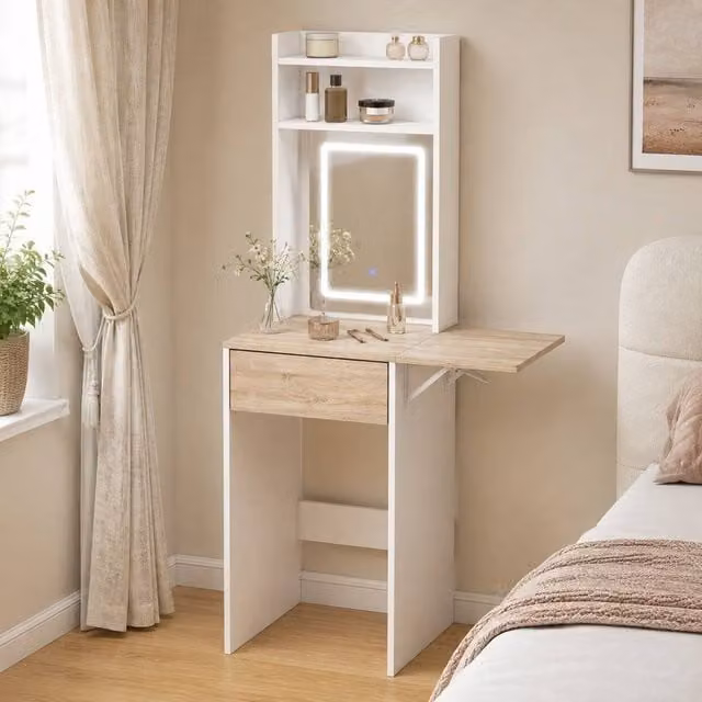 STILVORA Modern White Drop Leaf Dressing Table with Hollywood LED Mirror and Shelves