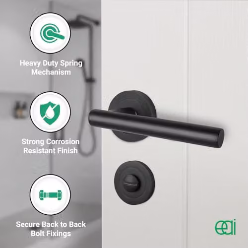 EAI Olbia Matt Black Bathroom Handle Kit with 80mm Lock and 76mm Hinges – 3