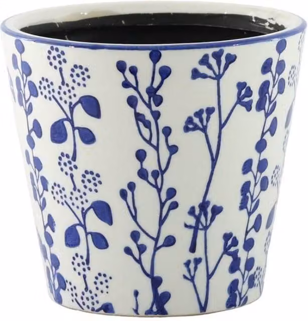 KDMD Hortus Perth Floral Ceramic Tabletop Pot in White and Blue, H: 19 cm, Dia: 20 cm – 1