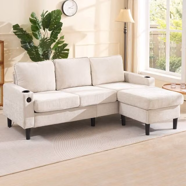 ModernLuxe 3 Seater L-Shape Fabric Sofa in Beige with Reversible Matching Ottoman, USB Charging and Cup Holders, W/D/H: 202 x 137 x 80 cm – 1