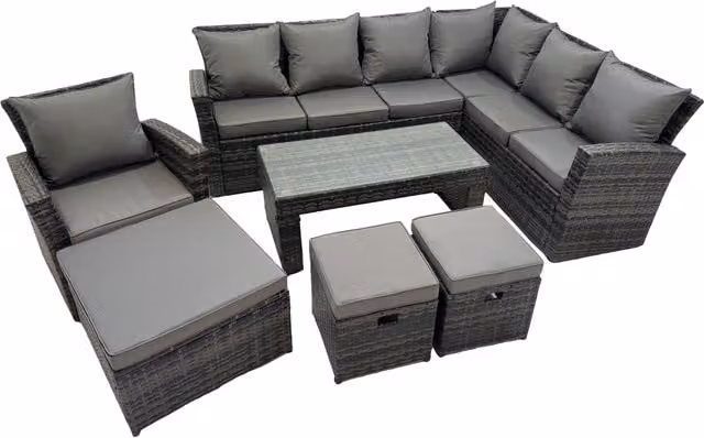 Fimous 7 Piece L-Shape Outdoor Garden Sofa Set with Coffee Table and Ottoman in Grey