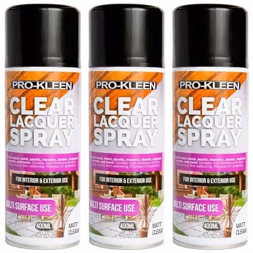 Pro-Kleen Matt Clear Lacquer Spray, Weatherproof and Scratch Resistant Synthetic Resin Sealant for Metal, Wood, Plastics and Ceramics, 3 x 400ml – 1