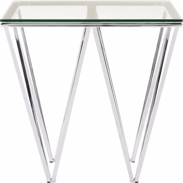 Orsina Silver Chrome End Table with Transparent Glass Top and Geometric Metal Design