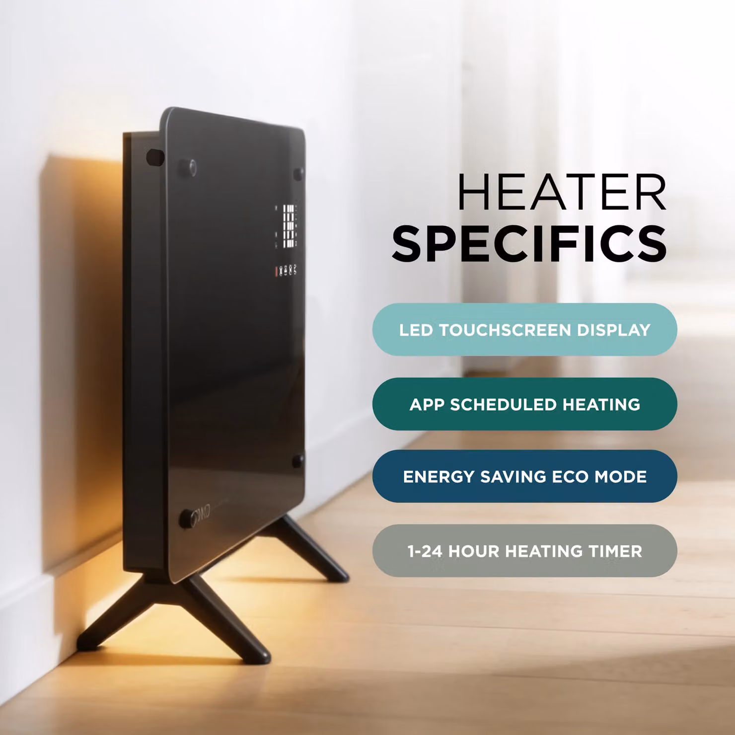 DMD Collective Smart Wi-Fi Glass Panel Heater with Touchscreen, 1000W, Black, Freestanding or Wall Mounted – 5