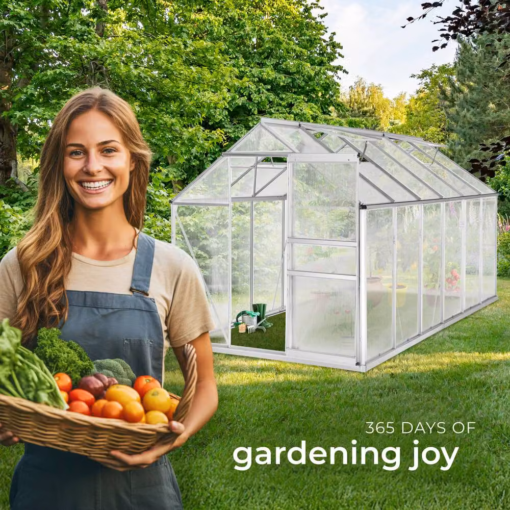 tectake Large Greenhouse with Foundation, Anodised Aluminium and Polycarbonate, Silver, W: 375 cm, D: 185 cm, H: 195 cm – 4