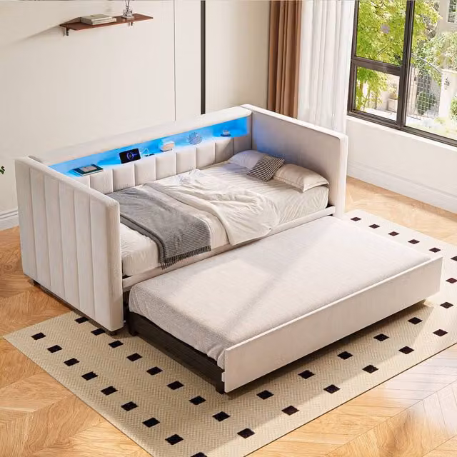 Direct Wicker Multifunctional Pull-out Single Sofa Bed with USB-C Port and LED Lighting in Beige