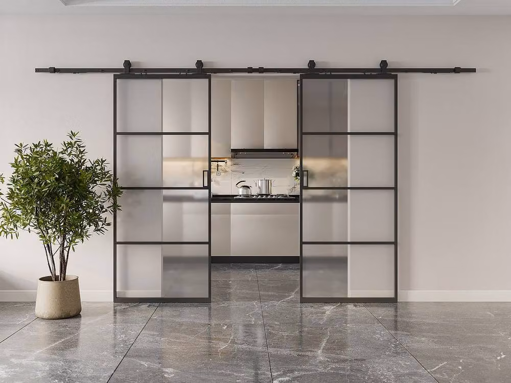 Vente-unique Double Sliding Pocket Door System in Black with Frosted Glass and Aluminium Frame – 2