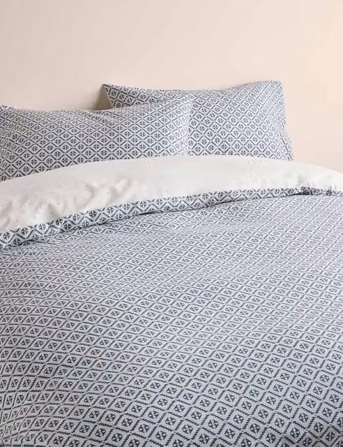 M&S Cotton Blend Geometric Tile Bedding Set in Slate Blue, W: 180 cm x L: 200 cm