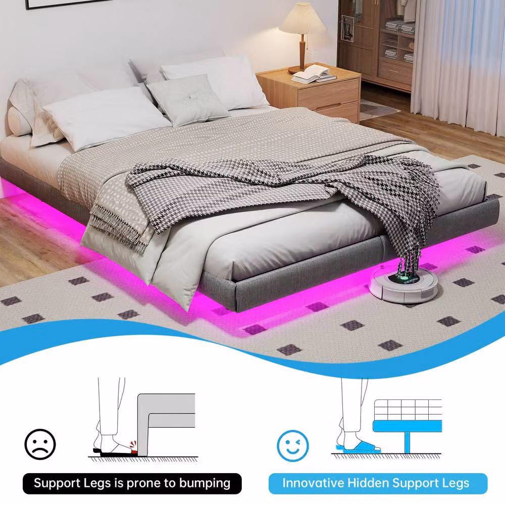 Matteo Grey Fabric Floating Double Bed Frame with LED Underbed Lighting W/D/H: 140 x 200 cm – 2