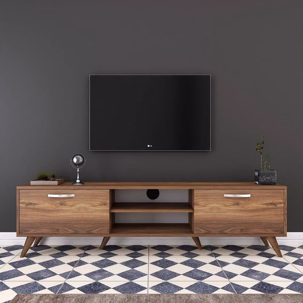 CALICOSY Mid-Century Walnut TV Unit in Dark Brown, W/D/H: 180 x 35 x 48.6 cm – 2