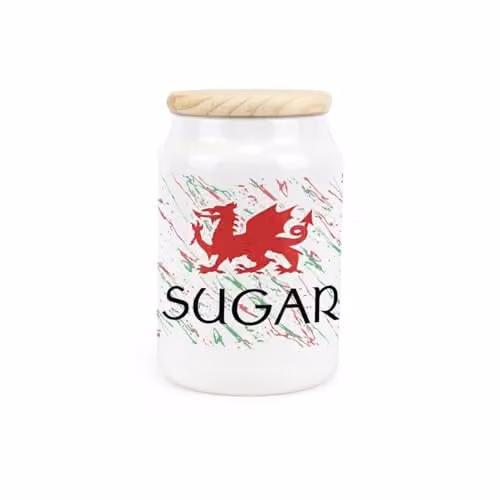 Purely Home Welsh Dragon Ceramic Sugar Storage Canister with Wooden Lid, Green, Red and White, 600ml, H 14.5 cm x W 9.5 cm
