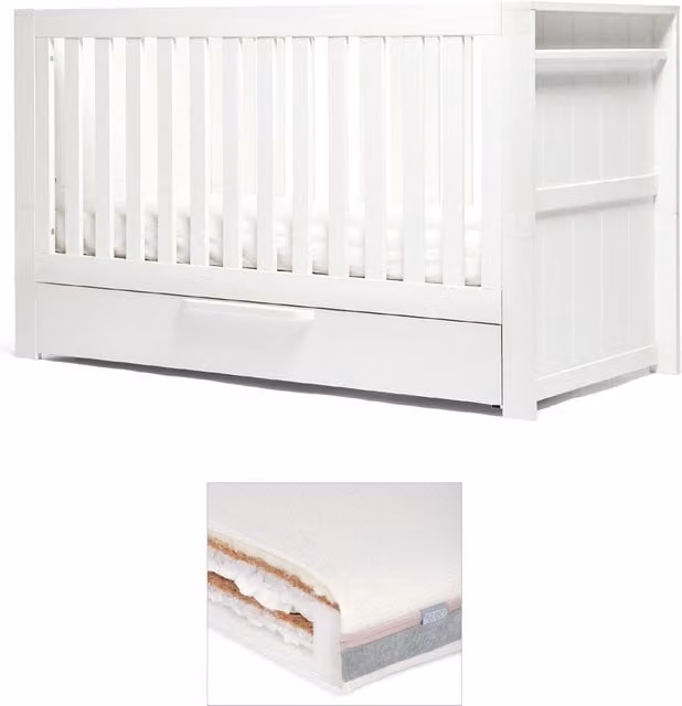 Mamas & Papas Franklin Cotbed with Drop Side and Luxury Hybrid Twin Mattress Bundle, White